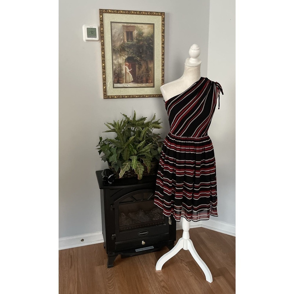 Miss Sixty One Shoulder Elastic‎ Waist Striped Print A-Line Skirt DRESS Size 2
